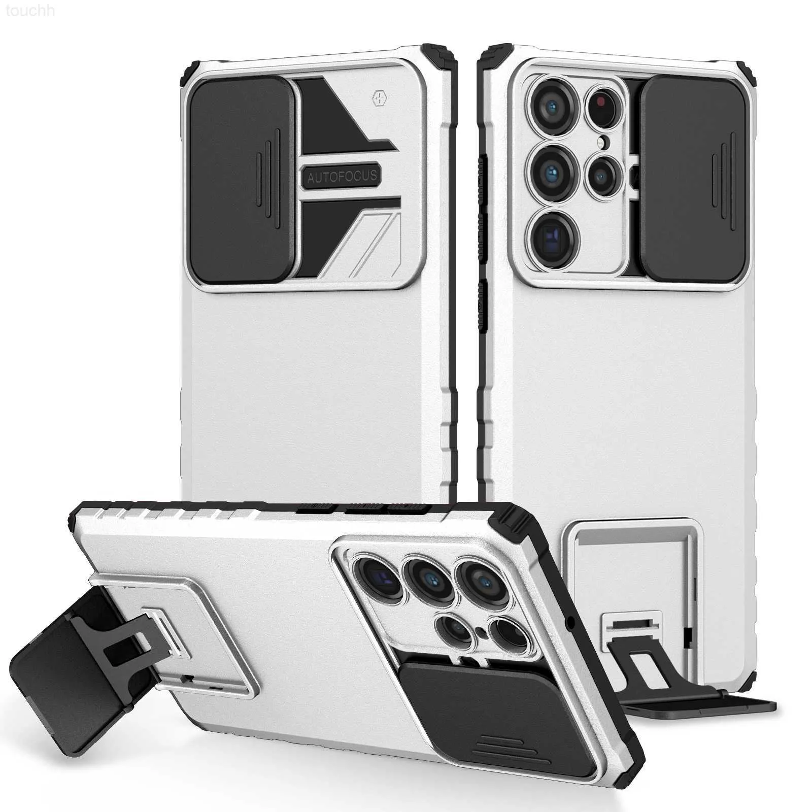 Étuis de téléphone portable Étui de protection de caméra coulissante de luxe pour Samsung Galaxy S22 Ultra S21 Note 20 S20 FE A53 A33 A52 A32 3D Stand Back Cover L230731