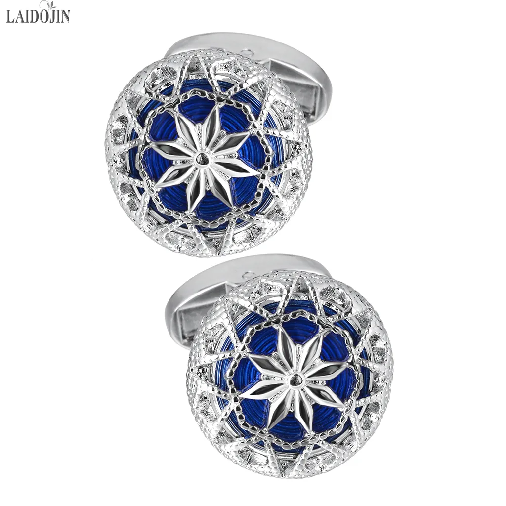 Cuff Links LAIDOJIN High Quality Metal Hollow Pattern Cufflinks for Mens French Shirt Blue Enamel Wedding Man Business Gift 230801