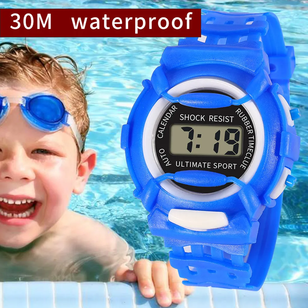 Детские часы Детские водонепроницаемые электронные часы светодиодные спортивные часы круглый циферблат Силиконовые ремешки.
