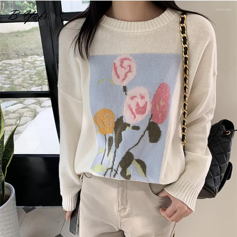 Women's Sweaters Blessyuki Cashmere Cute Flowers Printing Kintted Pullover Women Casual Loose O-neck Winter Sweater Female Fashion Soft Warm