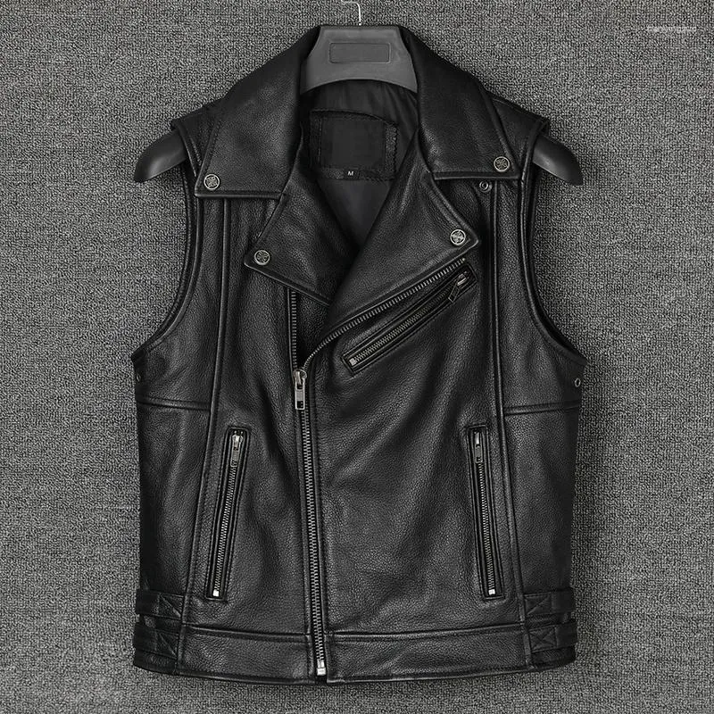 Men's Vests Luxury Genuine Real Cowhide Leather Vest Oblique Zipper Motorcycle Biker Stand Collar Sleeveless Ja