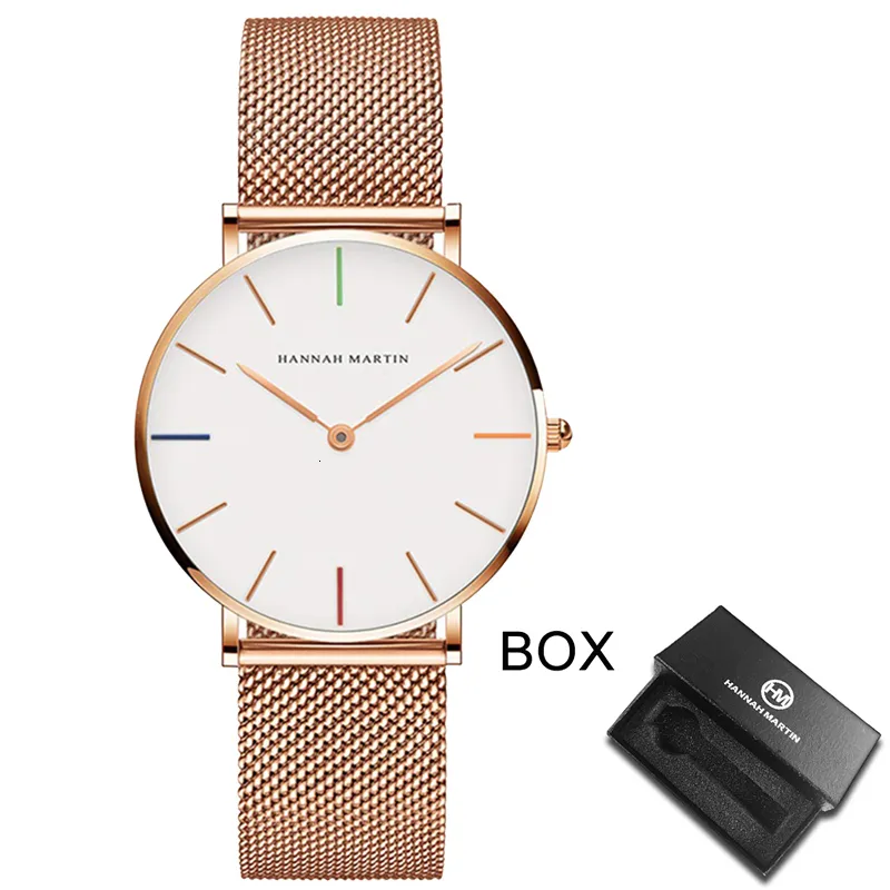 Zegarstka na rękę Japan Quartz Ruch Wysoka jakość 36 mm Hannah Martin Kobiety Siatka ze stali nierdzewnej Rose Gold Waterproof Watch Drop 230802