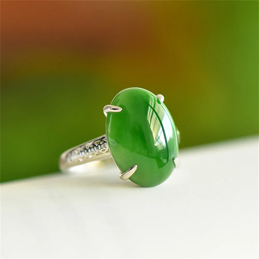 Bröllopsringar äkta 925 Silver Jasper Ring Justerbar med certifikat Green Hetian Jade Lucky Trendy Gemstone Woman Gift Jewelry 230801