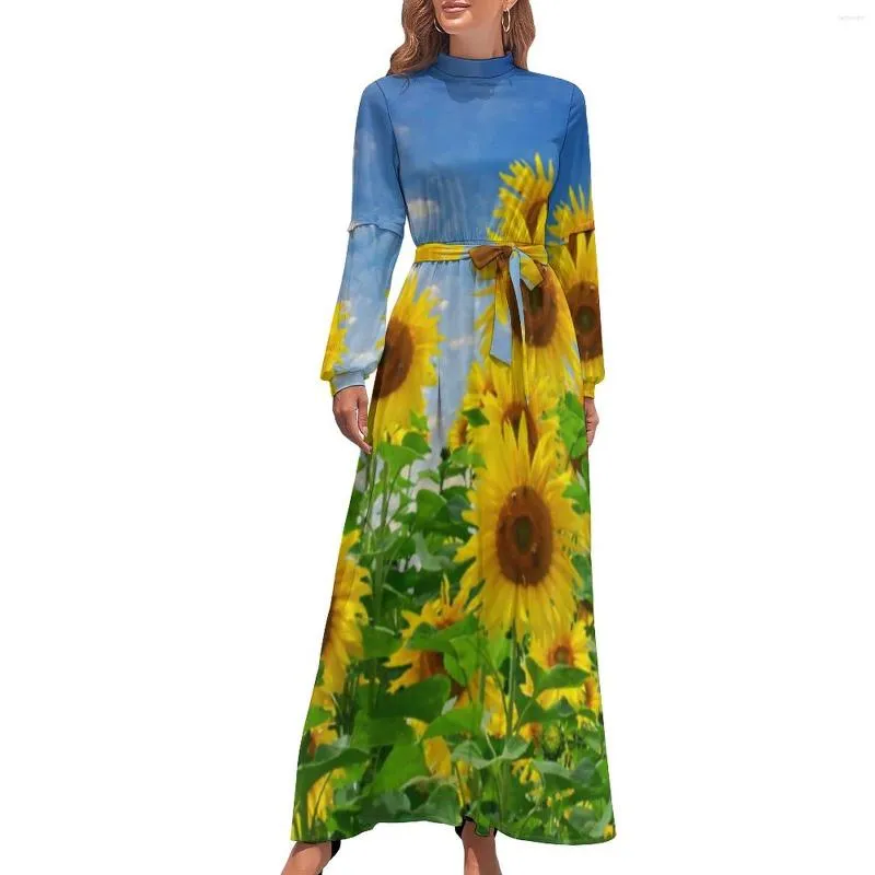 Повседневные платья подсолнечное платье элегантное пользовательское макси -шея уличная одежда с длинными рукавами богемия