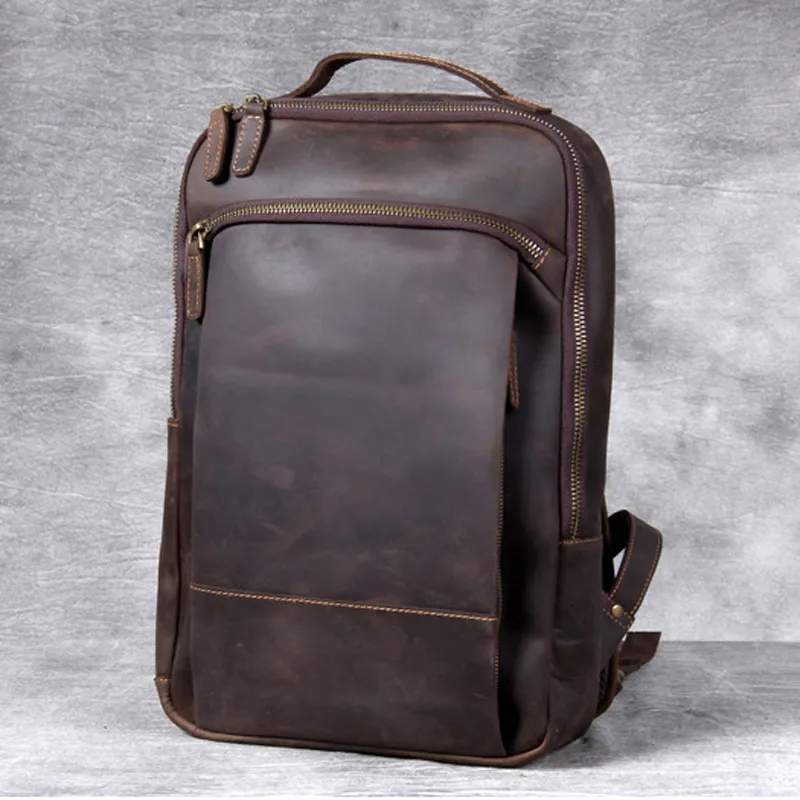 Sacs d'école Vintage Crazy Horse sac à dos en cuir véritable hommes ordinateur portable sac à dos quotidien homme sac à dos Trave randonnée sac à dos grand 230801