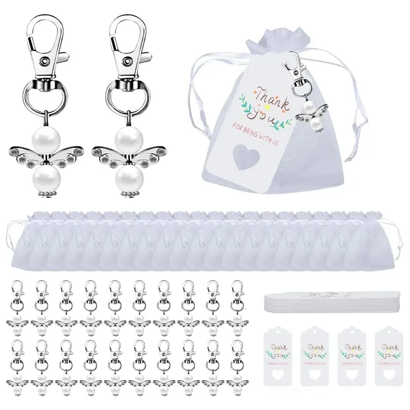 20 Porte-clés Ange Gardien Mariage - Avec Sacs Organza Et Étiquettes Remerciement