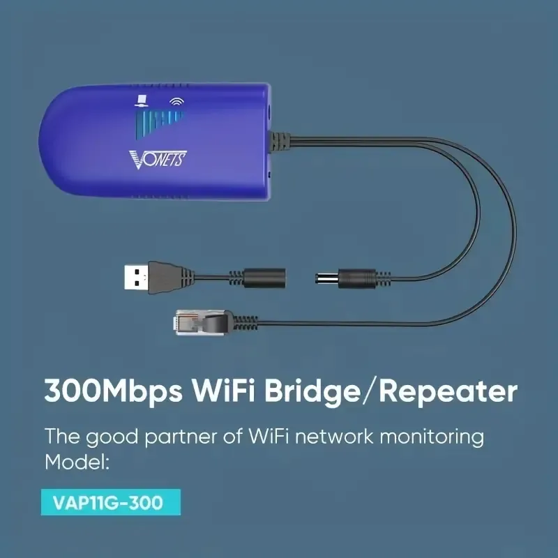 VONETS VAP11G-300 WiFi-brug 2,4 GHz WiFi naar Ethernet converteren / WiFi-repeater / punt naar punt met RJ45 mannelijke DC / USB-voeding voor PLC IP-cameraprinter