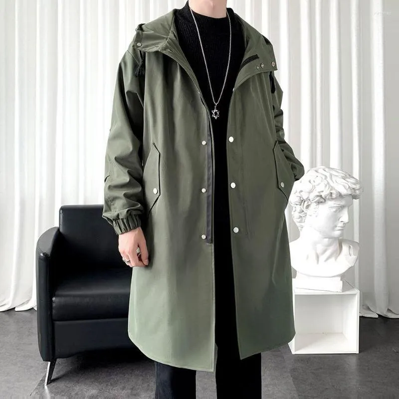 Men's Trench Coats Jackets 2023 Spring Single Breasted Medium-Long Hooded Coat Male Solid Color Windbreaker Plus Size B119