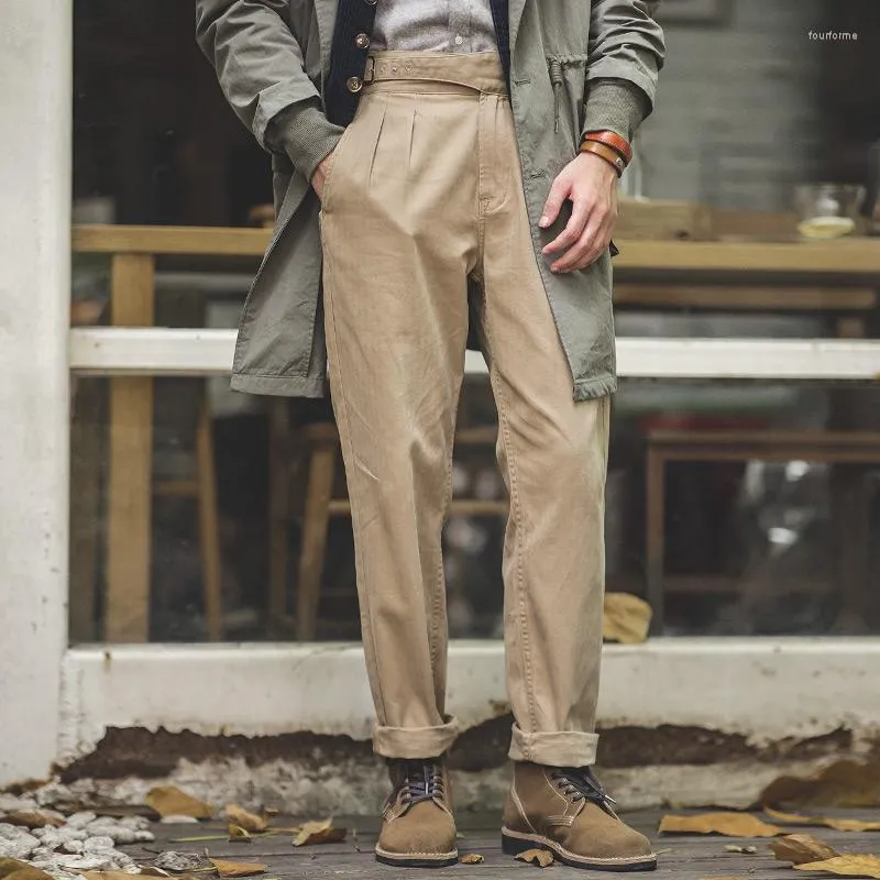 Erkekler Pantolon Maden Vintage Ayarlanabilir Yüksek Bel Gurkha Sıradan Çift Piled Düz Konik Amekaji Pamuk Pantolon