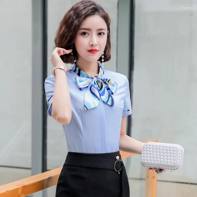 Blusas Femininas IZICFLY Summer Bow Style Blue Shirts For Women Formal Office Interview OL Slim Top Elegant Fashion Ladies Work Wear