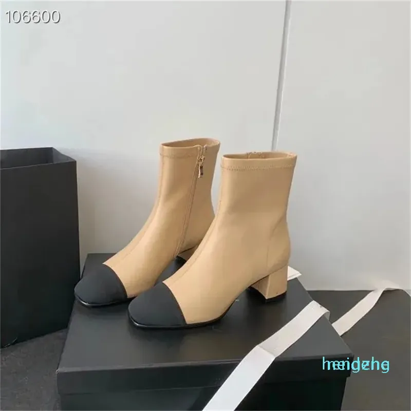 Designer -classical woman fashion ankle boots 5.5cm chunky heel black beige mixed color side zipper shoes