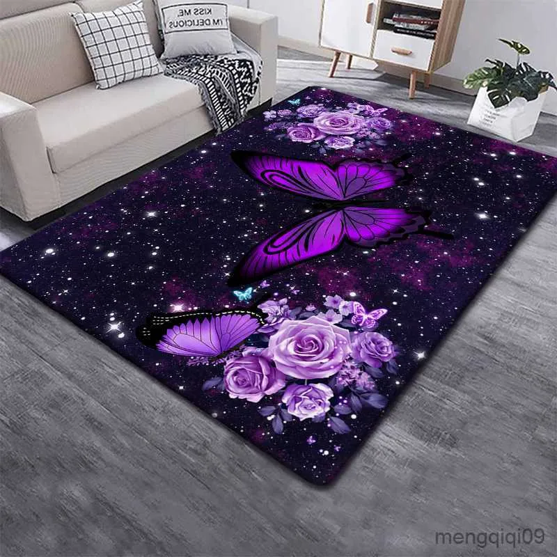 Teppiche Wunderschöner lila Blumen-bedruckter Teppich, moderner Schmetterlings-Teppich für Wohnzimmer, Schlafzimmer, Nachttisch, Bodenmatte, Flur, rutschfester Teppich R230802