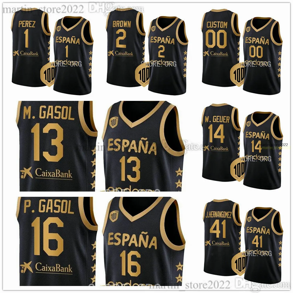 100 Centennial Spanien Basketballtröjor 9 Ricky Rubio 23 Sergio llull 4 Alberto Diaz 13 Marc 16 Pau Gasol 14 Willy 41 Juancho Hernangomez 5 Rudy Fernandez Santi Aldama