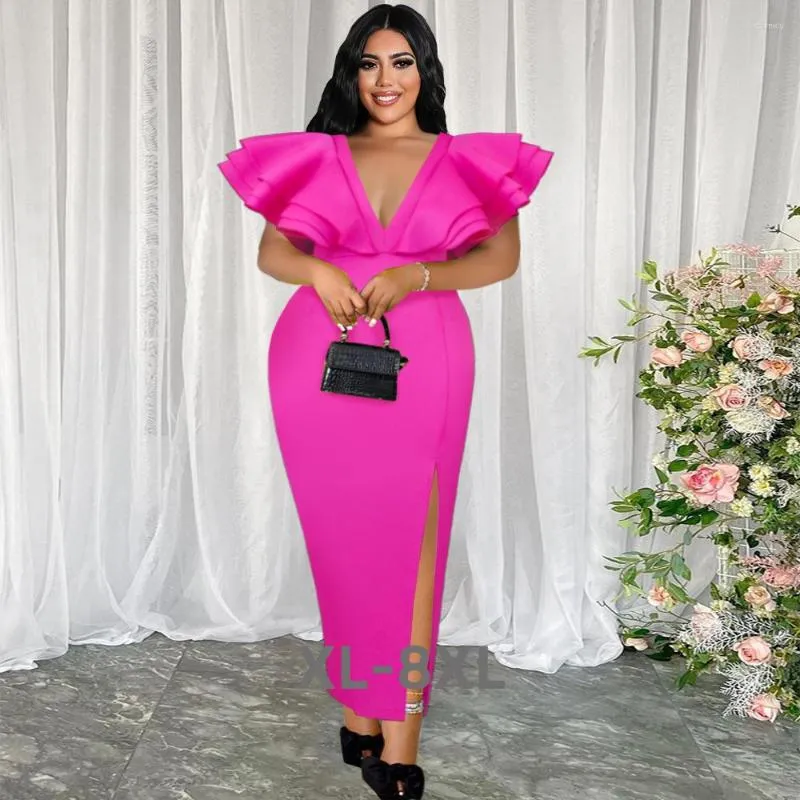 Plus Size Dresses Women Party V Neck Ruffle Elegant Female Fashion Evening Gowns Summer Casual 3xl 4xl 5xl 6xl