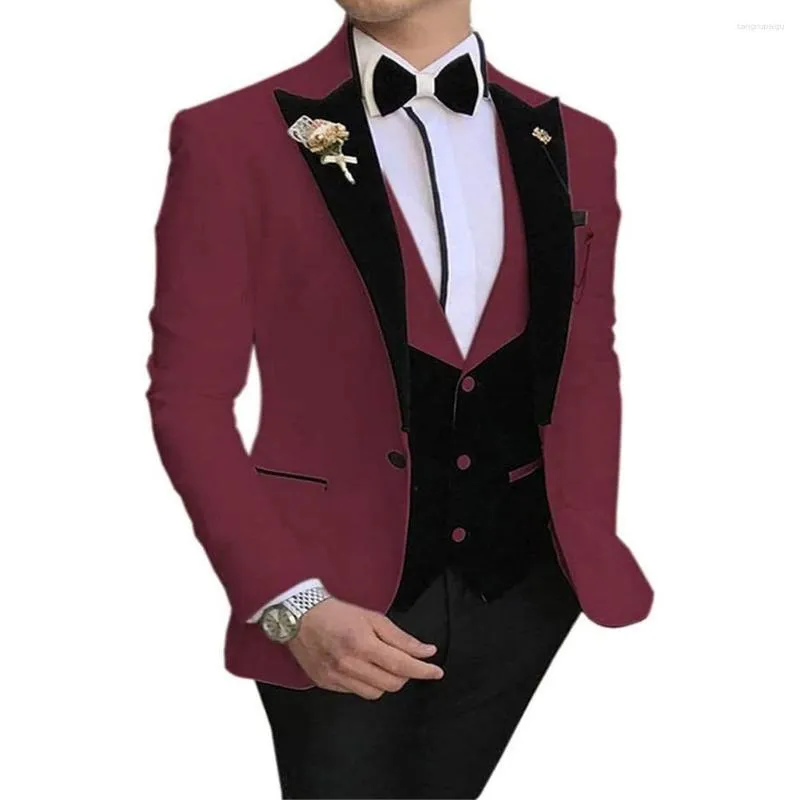 Men's Suits Burgundy Men Slim Fit One Button 3 Pieces Wedding Grooms Tuxedos (Jacket Vest Pants) Dinner Prom Dress Wear