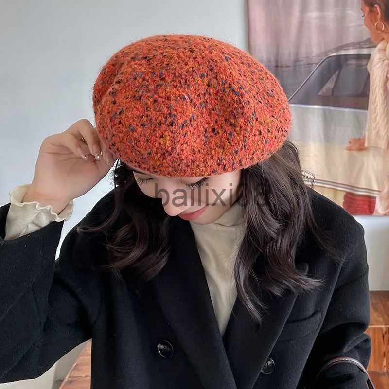 Stingy Brim Hats Ins Beret Autumn and Winter Women Japanese Wild Student Painter Hat Outdoor Warm Stickin Pumpkin Hat Casquette J230802