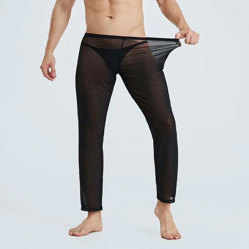 Мужские брюки 2023 Сетчатые брюки тонкая свободная йога полупрозрачная сексуальная девятиточечная модная молодость с низкой талиной Т-образные одножирные пижамы