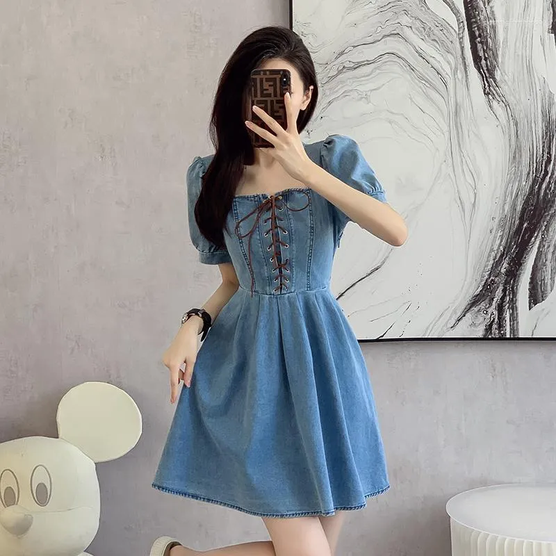 Casual Dresses French Vintage Denim Skirt Women's Blue Summer Short Commuting High Waist A-line Show Thin Square Neck Dress