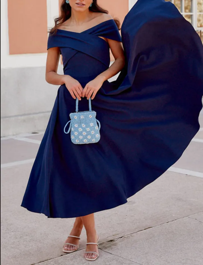 Off-Shoulder A-Line Evening Dress for Women with Pleats, Crepe Fabric,  Zipper Back, Tea-Length Hemline from Dhgate Evening Dresses - price 78.48