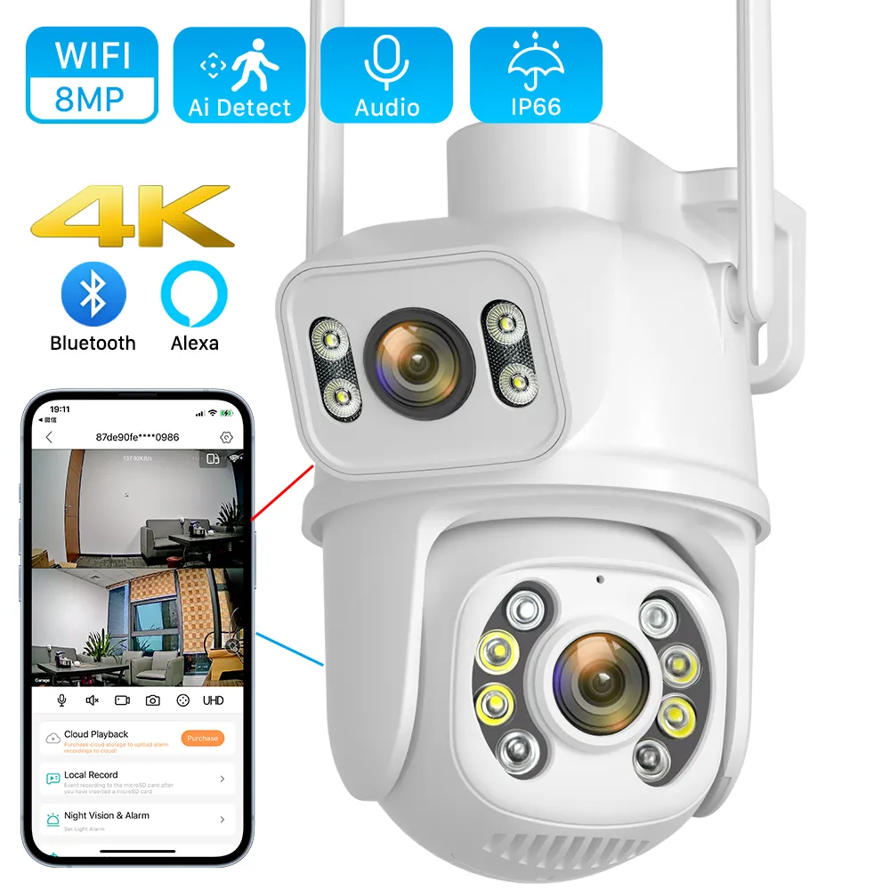 K2 STORE - Telecamera IP 8MP 4K Esterno WiFi PTZ 2 Obiettivo Doppio Schermo 8X Zoom CCTV Applicazione ICSEE - Foto 4