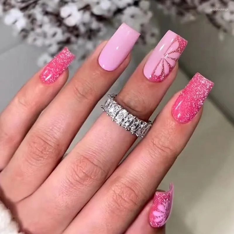 Falska naglar 3d strobe kort falska rosa glitterblommor franska fyrkant bär tips faux ongles manikyr tryck på akryl nageluppsättning