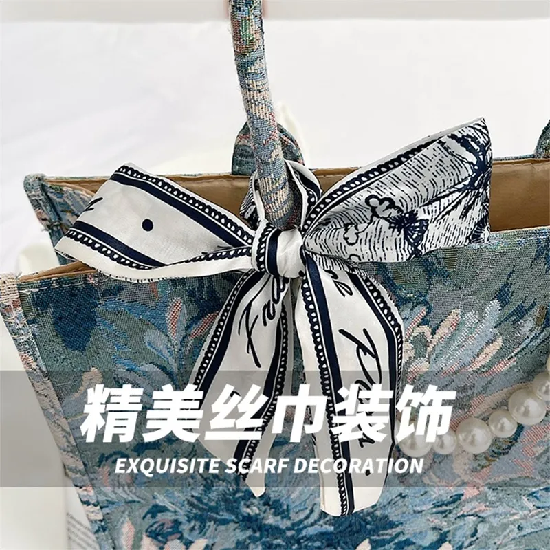 Designer Luxury Canvas Bag Women Large-capacity Handbag 2023 New Fashion Pearl Ribbon Decorative Shoulder Bags Female Tote Bag