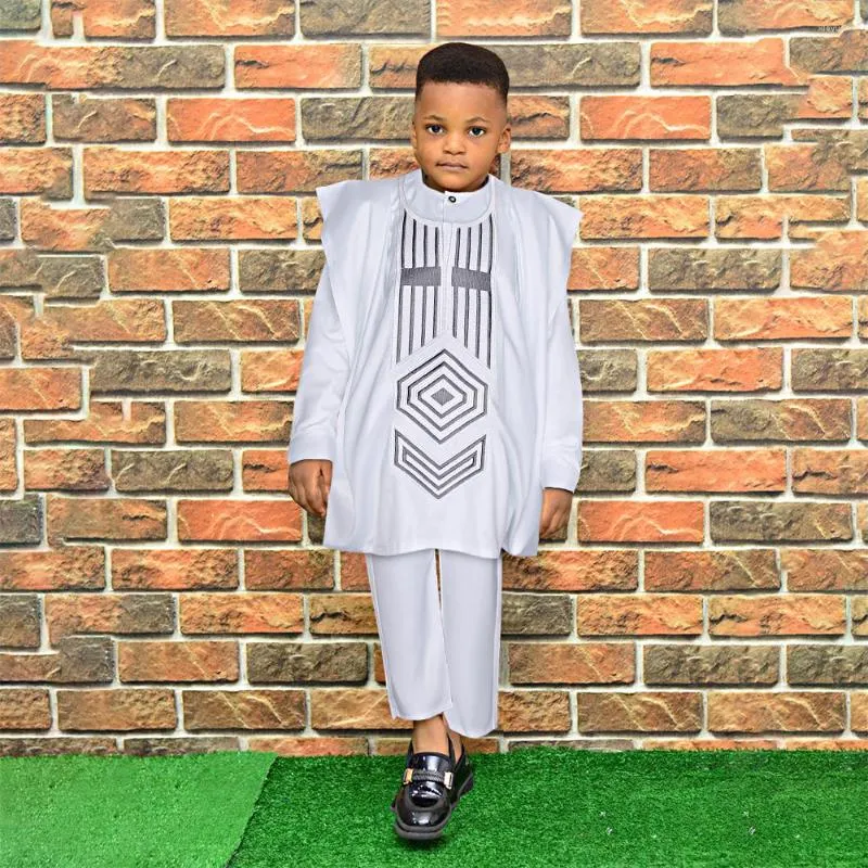 Vêtements ethniques HD Tradition Africaine Vêtements Pour Enfants Garçons Blanc À Manches Longues Tops Broderie Dashiki Robe Chemise Pantalon Ramadan Trads Wears