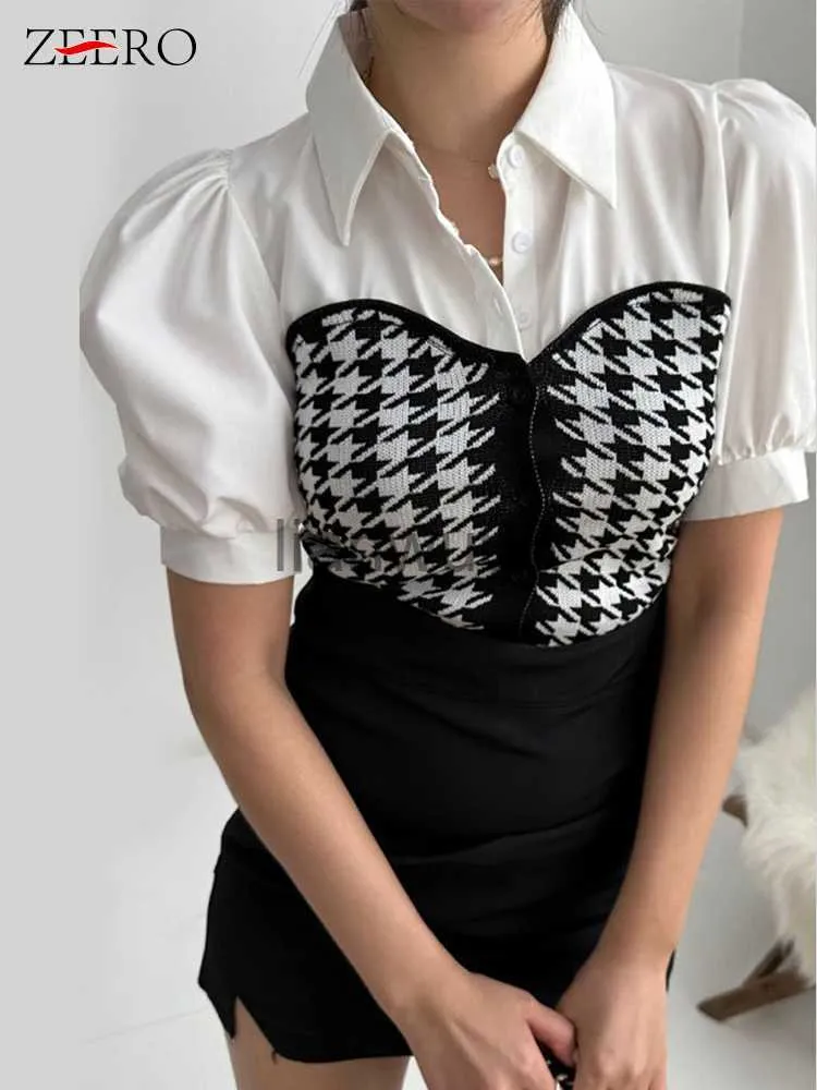 Women's Blouses Shirts Patchwork Women Summer Patchwork Houndstooth Shirts Short Puff Sleeve Black Blouse White Plaid Slim Shirt Crop Top Blusas Mujer J230802