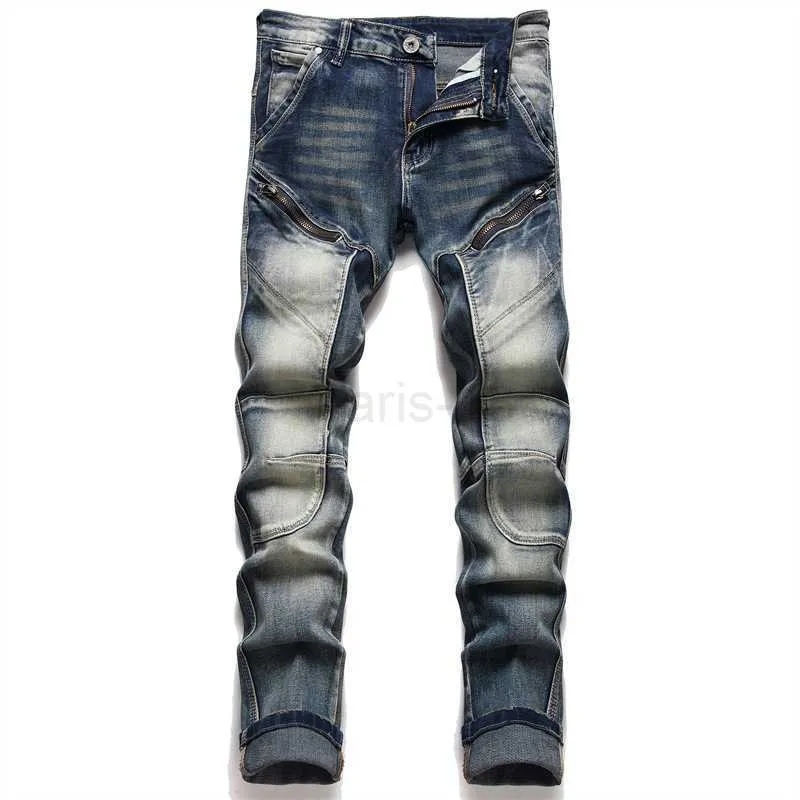 Ripped Frayed Rag Stitching Splash Ink New Men Tapered Jeans Casual Pants  Zip | eBay