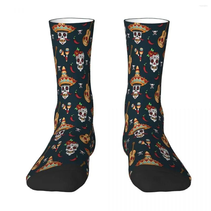 Chaussettes pour hommes jour des morts Dia De Los Muertos guitare sucre Mexique crâne mexicain crânes chaussette hommes femmes bas personnalisable drôle