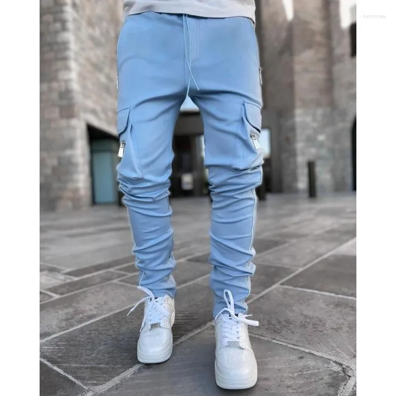 Men's Pants Cargo High Street Hip-hop Personality Trendy Overalls Casual Jeans Man Fitting Reflective Trousers