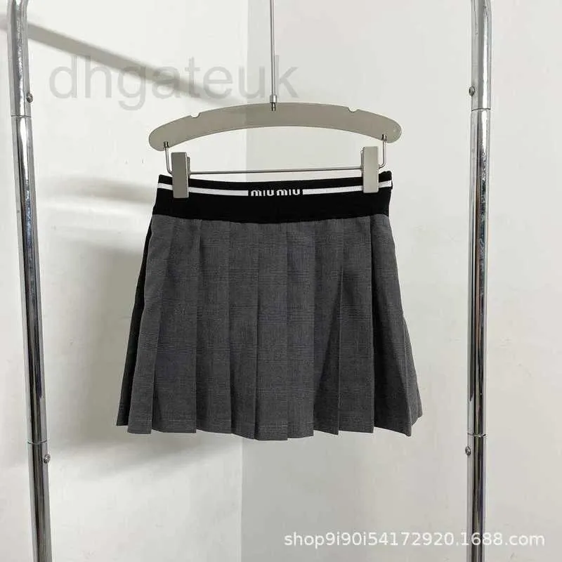 Skirts designer Summer Autumn New Fashion Versatile Letter Small Plaid High Waist Grey Elastic Pleated Skirt 4AX9