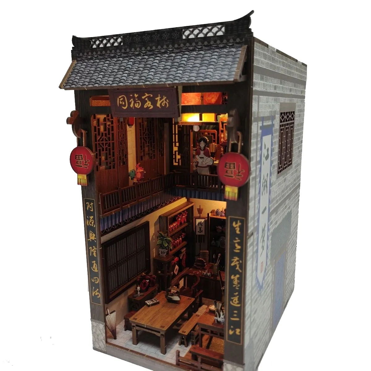 건축물 DIY 하우스 DIY 목재 책 구석 구석 구석 선반 삽입물 키트 Tongfu Inn Bookends LED Light Miniature Building 키트 책장 장식 선물 230802