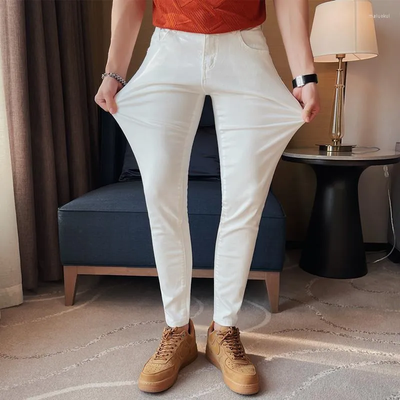 Мужские джинсы белый эластичный твердый цвет девять частей брюки Слим-подходные универсальные повседневные высококачественные мужские брюки