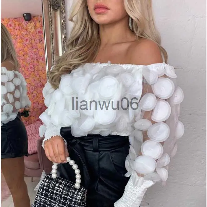 Bluzki damskie Koszule seksowne na ramię damskie blaty i bluzki 2020 siatka Sheer Puff Tleeve Tops Summer 3D Flower Vintage Biała koszula J230802