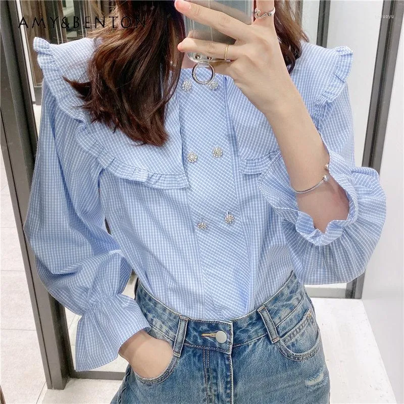 Kvinnors blusar Spring och Autumn Doll Collar Topps smycken Button Plaid Shirt Elegant Fashion Long Sleeve Blause Femmes