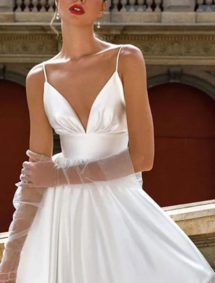 Elegant Satin V-Neck Spaghetti strap wedding dress with Pockets, A-Line Pleats, Spaghetti Straps, and Sweep Train - Vestido de Novia for Women