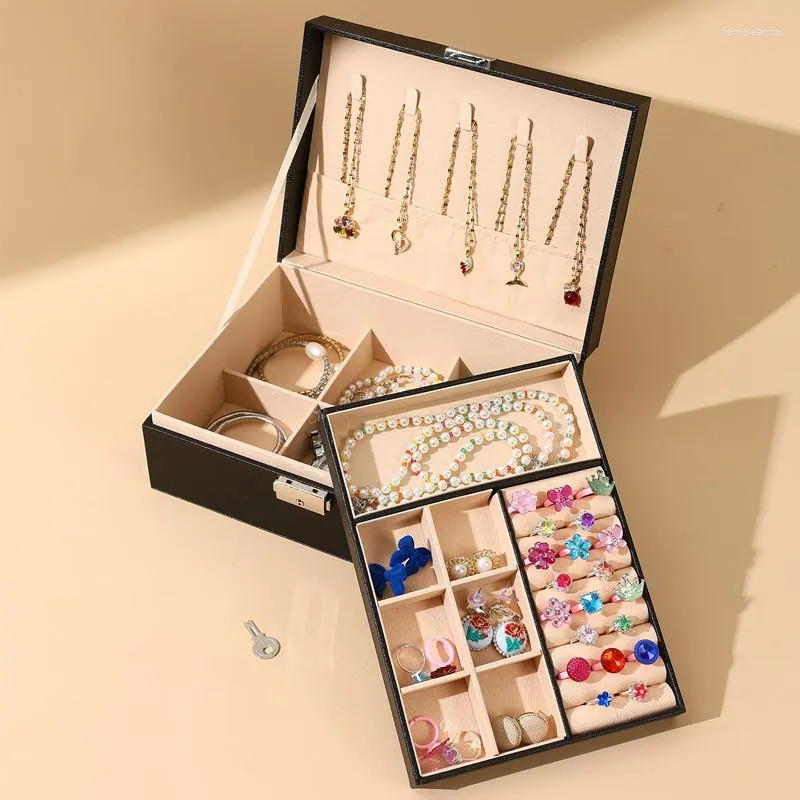 Jewelry Pouches Double Layer PU Leather Storage Box Large Capacity Earrings Necklace Lockable Bracelet