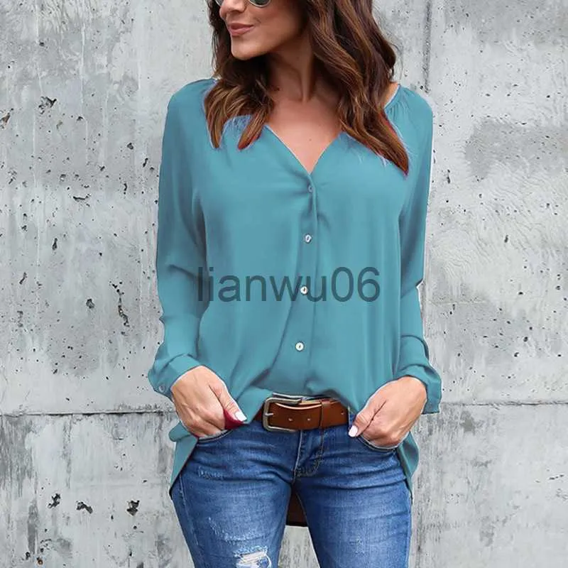 Camicette da donna Camicie S5XL Camicia Camicetta da donna Camicia a maniche lunghe con scollo a V Autunno Office Lady Basic Camicetta di chiffon nera bianca Top Plus Size J230802