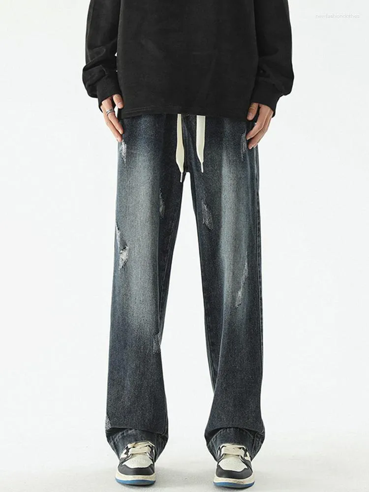 Erkekler kot yihanke erkekler yıkanmış vintage moda Kore sokak kıyafeti hip hop gevşek rahat düz denim pantolonlar erkek bol pantolon