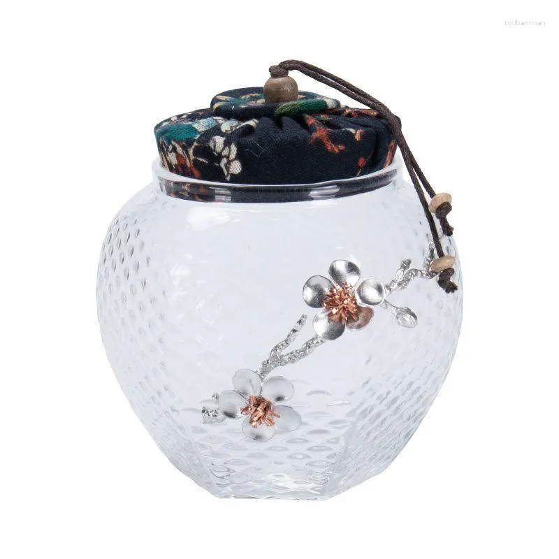 Garrafas de armazenamento requintado padrão de flor de ameixa copo frasco hermético vidro comida à prova de umidade chá doméstico garrafa de cozinha com tampa