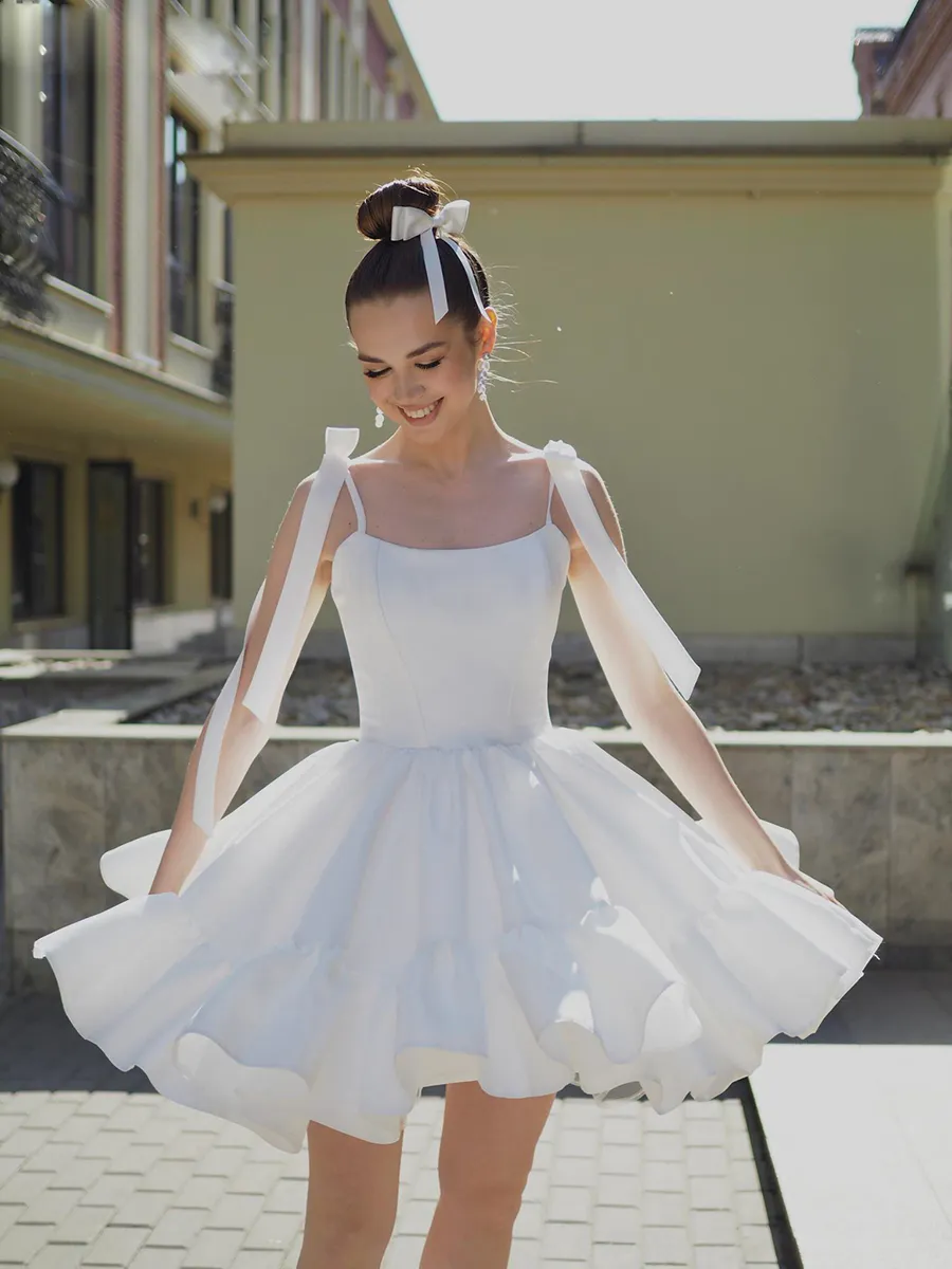 White Satin Spaghetti Strap Short Homecoming Dress with Zipper Closure and  Ruched Draped Ribbons from Dhgate Homecoming Dresses