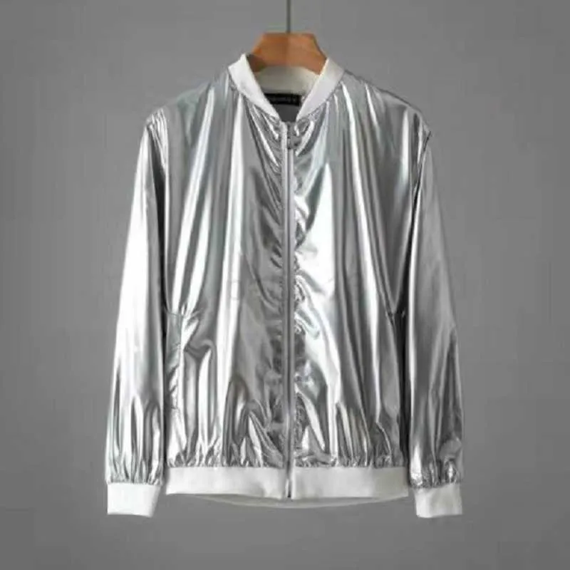 Men's Jackets Mens Shiny Silver Coated Metallic Zipper Jackets 2023 Brand Hip Hop Baseball Bomber Jacket Men Stage Singer Jacket Veste Homme