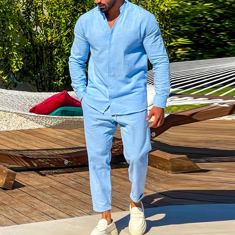 Herrspårar Bomull Linen Men set Spring Summer Casual Long Sleeve Knapped Stand Collar Shirt and Trousers Two Piece Suits Men Streetwear 230801