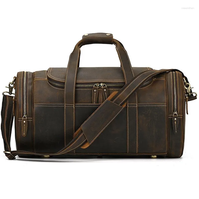 Duffel Bags Men Retro Real Leather Travel Big Bag First Layer Cowhide Large-capacity 52 CM Business Trip Handbag Shoulder Messenger