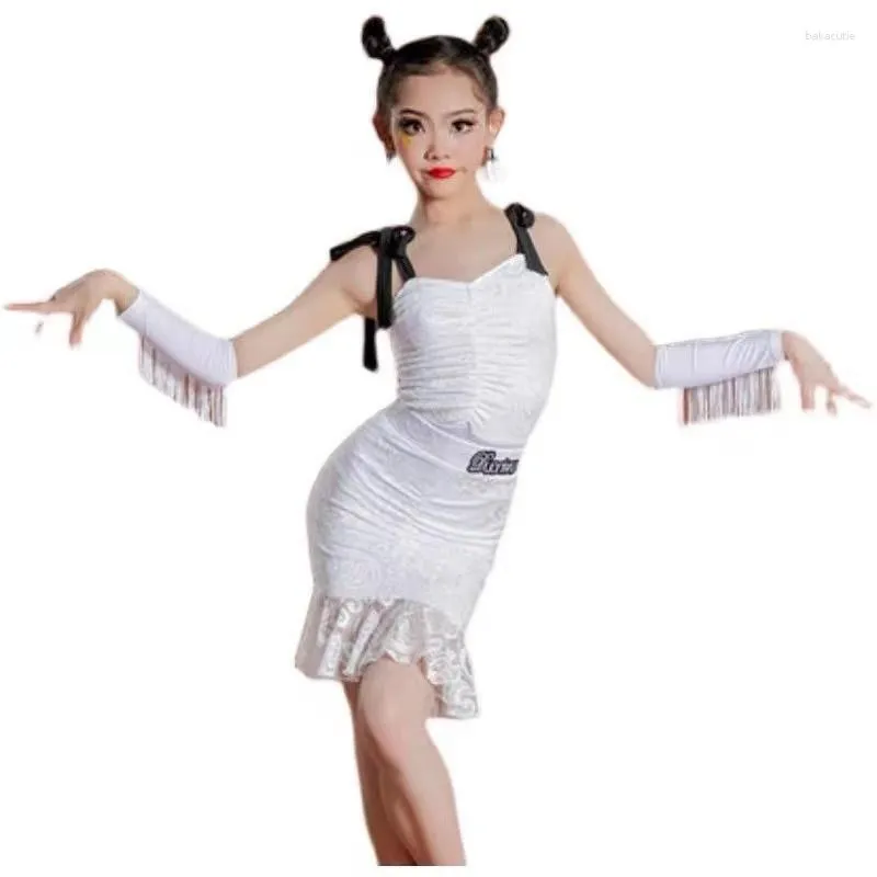 Stage Wear Kids Latin Dance Clothes Girls Split Exercise Competition Mesh Dress Rumba Samba Performance Costume Tops Skirt