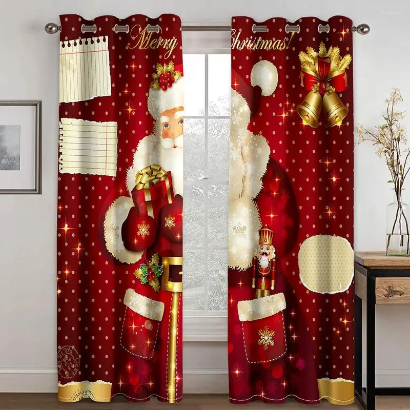 Rideau De Luxe Drapé Joyeux Noël Rouge Père Noël Elk 2 Pièces Mince Fenêtre Pour Salon Chambre Décor