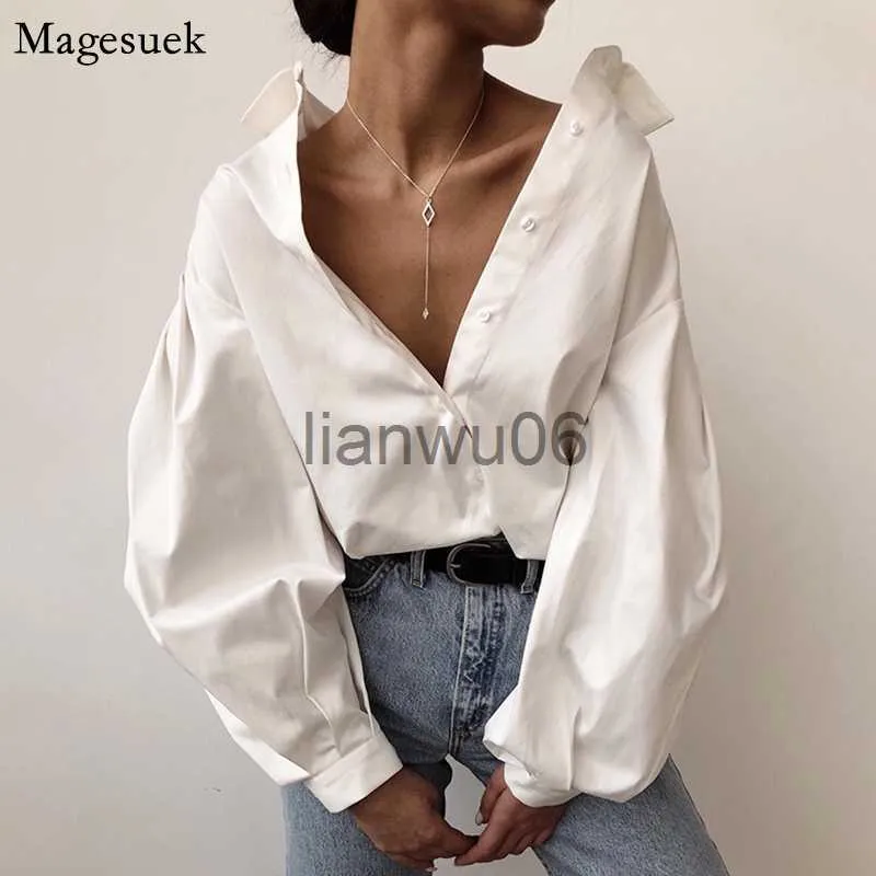 Women's Blouses Shirts Women Vintage Sexy Button White Blouse Casual Lantern Sleeve Oversized Loose Women Shirt Cotton Office Ladies Tops Blusas 10903 J230802