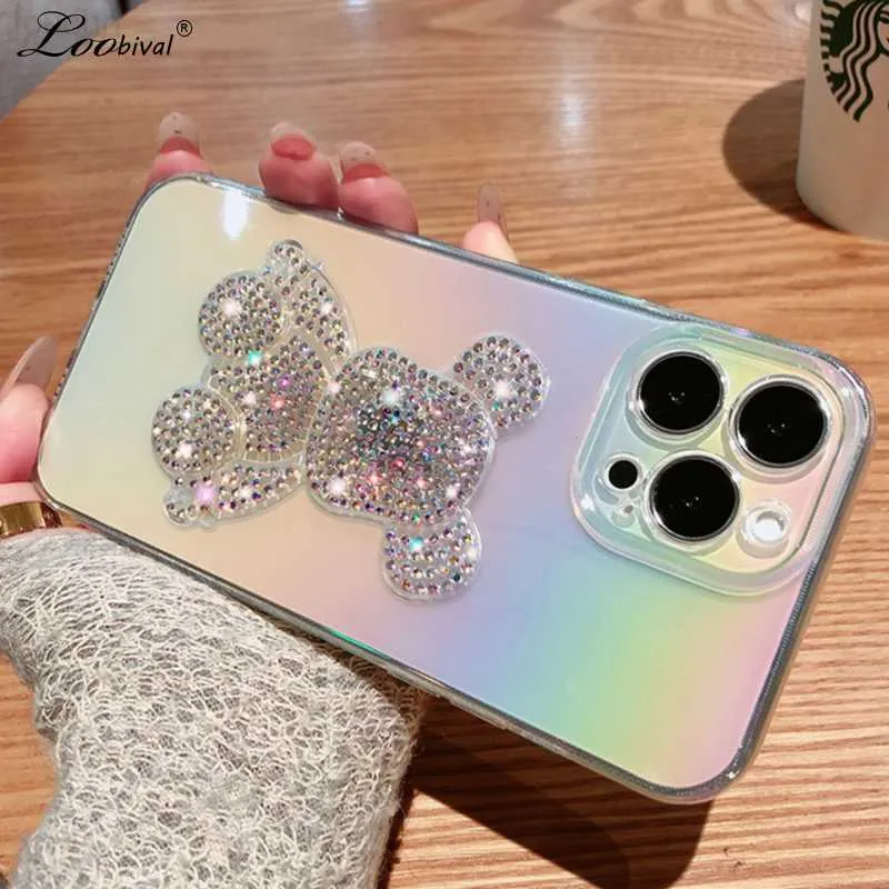 Cas de téléphone portable Cartoon Bear Glitter Diamond Case pour iPhone 14 13 Pro Max Plus 12 11 Aurora Gradient Bling Rainbow Soft TPU Couverture antichoc L230731
