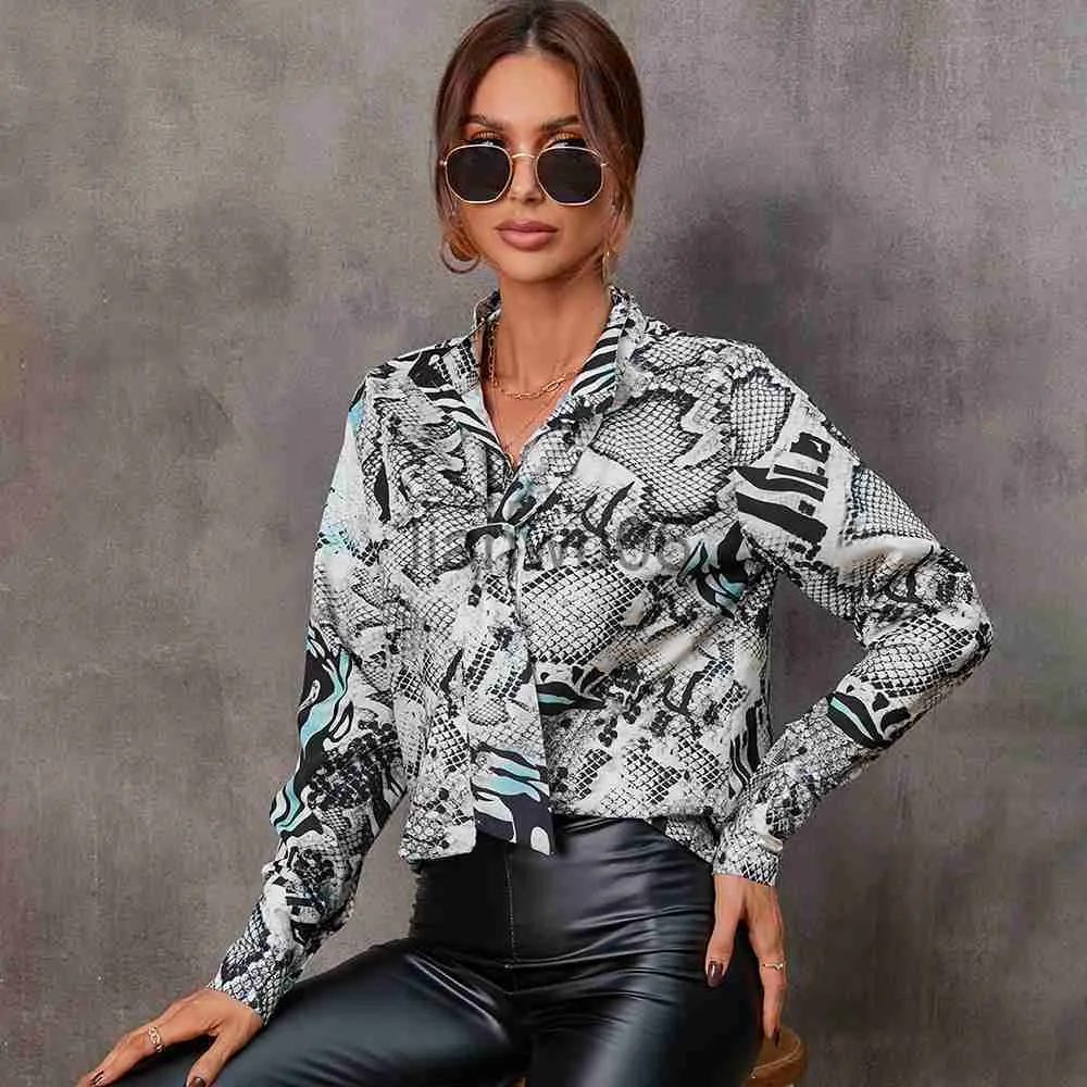 Kvinnors blusar skjortor 2022 Autumn and Winter New Fashion Printing Longsleved Shirt Women's Lapel Snake Pattern Print Shirt Women Blus Tops Femme J230802